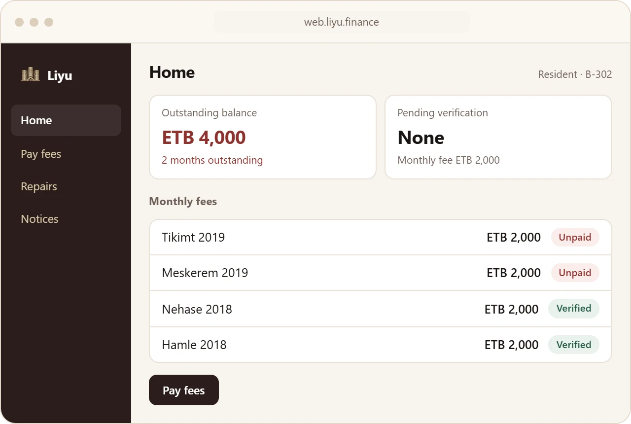 A resident's home screen in Liyu: ETB 4,000 outstanding across two months