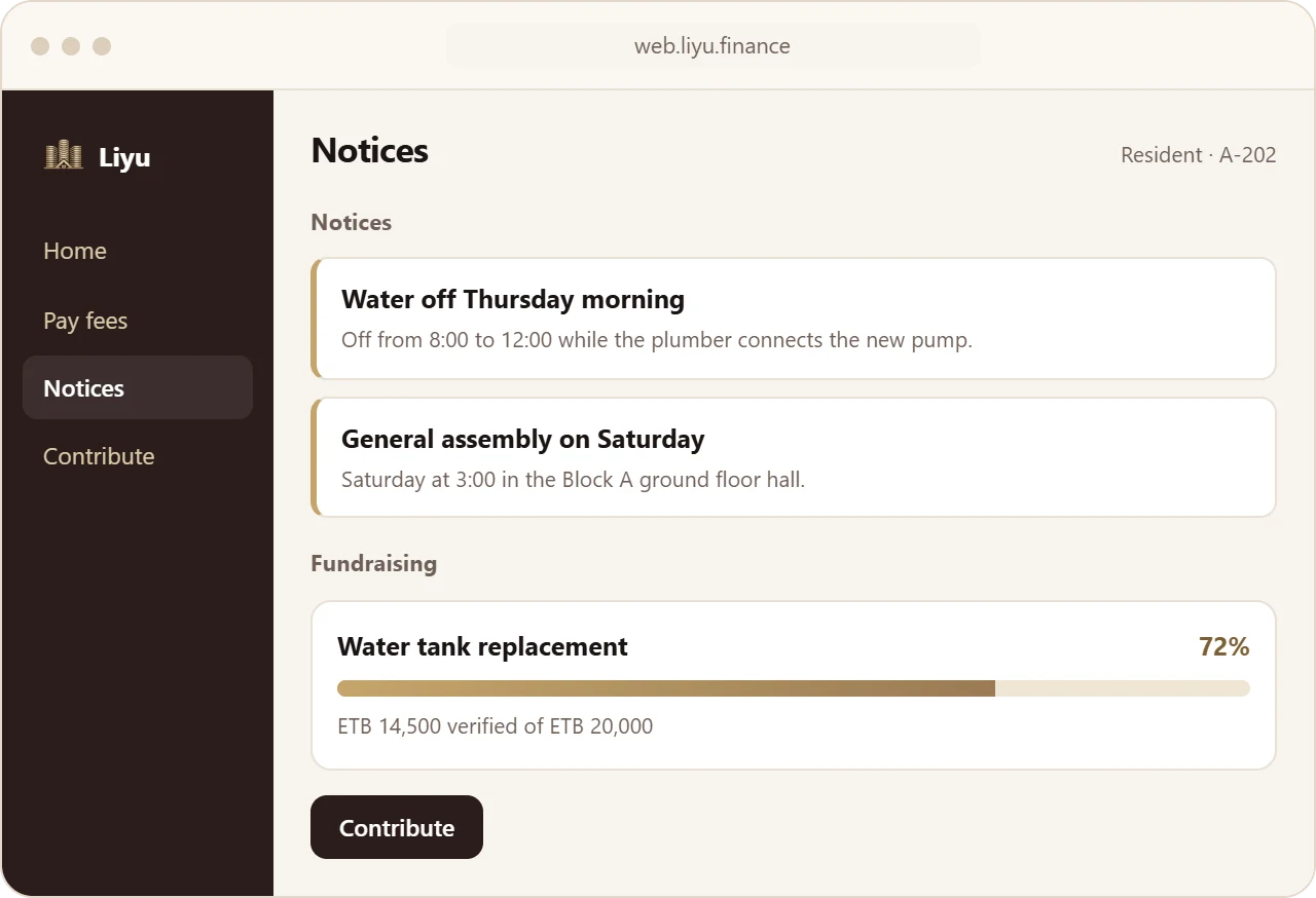 Notices and fundraising in Liyu: two building notices and a water tank campaign