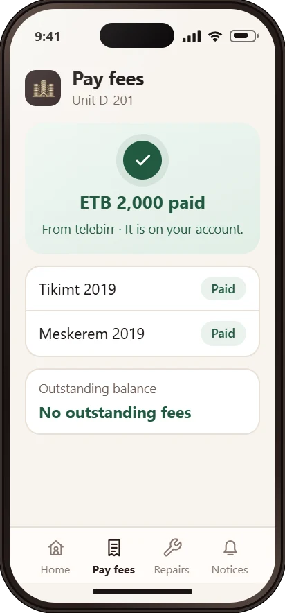 A resident's Pay fees screen on a phone, after paying ETB 2,000 from telebirr