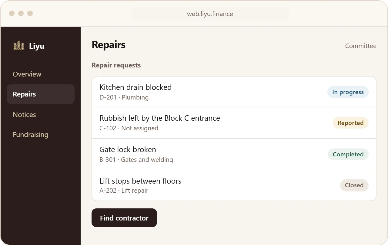 The Repairs screen in Liyu: requests with their status and assigned contractor